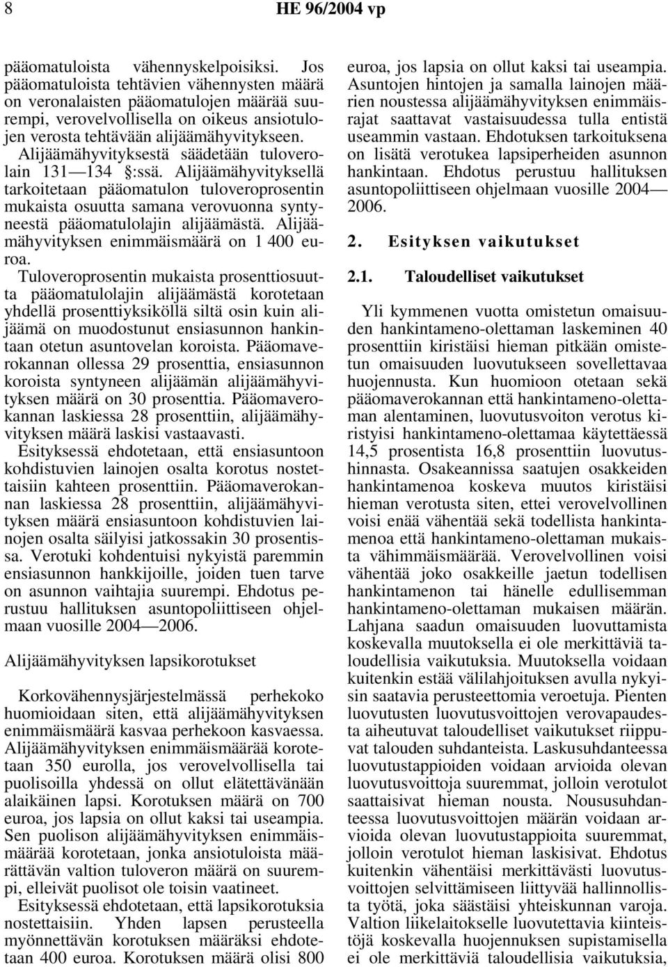 Alijäämähyvityksestä säädetään tuloverolain 131 134 :ssä. Alijäämähyvityksellä tarkoitetaan pääomatulon tuloveroprosentin mukaista osuutta samana verovuonna syntyneestä pääomatulolajin alijäämästä.