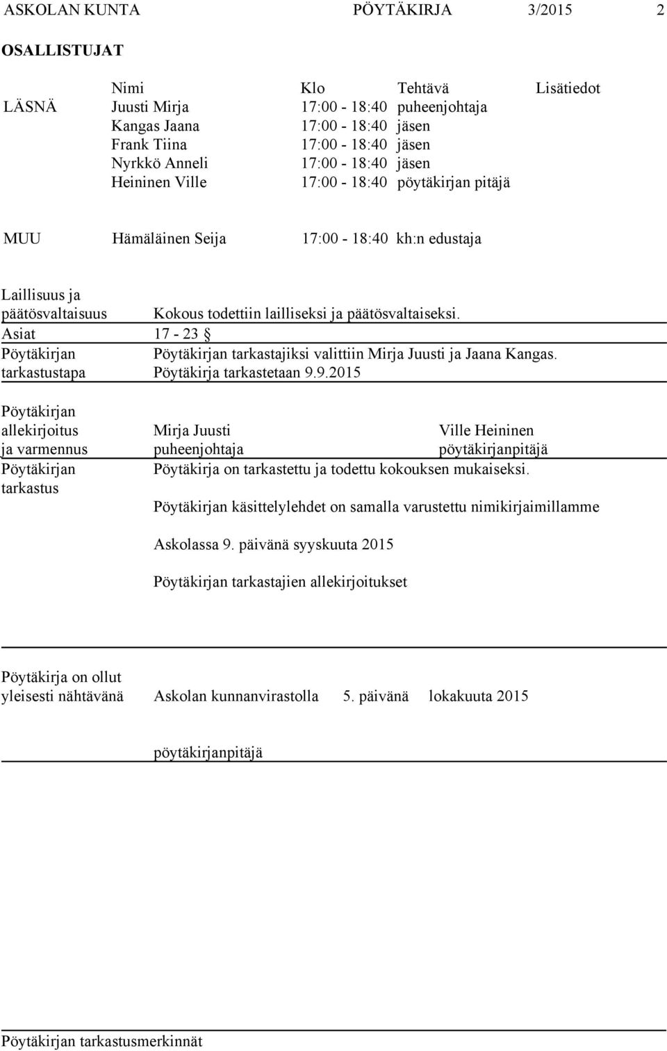 Asiat 17-23 Pöytäkirjan Pöytäkirjan tarkastajiksi valittiin Mirja Juusti ja Jaana Kangas. tarkastustapa Pöytäkirja tarkastetaan 9.