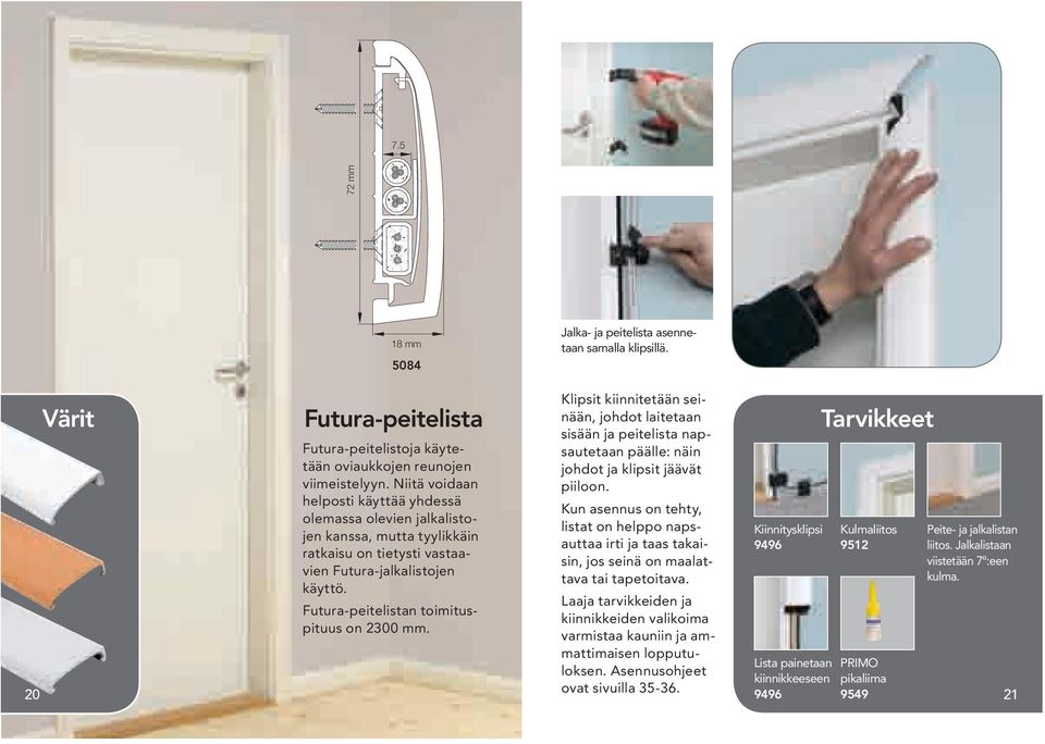 Futura-peitelistan toimituspituus on 2300 mm. Klipsit kiinnitetään seinään, johdot laitetaan sisään ja peitelista napsautetaan päälle: näin johdot ja klipsit jäävät piiloon.