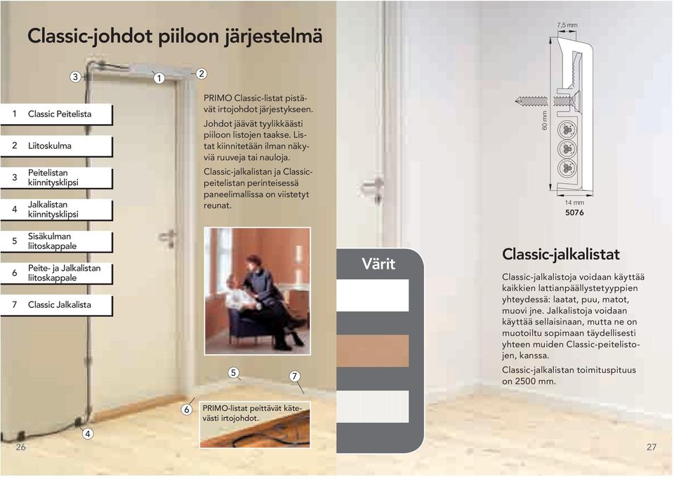 Classic-jalkalistan ja Classicpeitelistan perinteisessä paneelimallissa on viistetyt reunat.