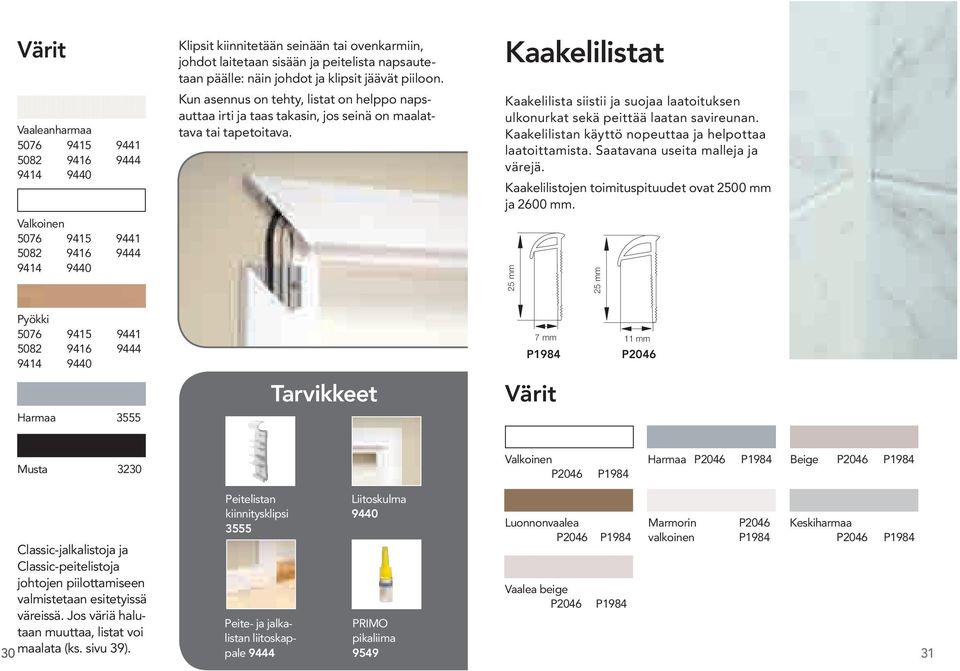 Kaakelilistat Kaakelilista siistii ja suojaa laatoituksen ulkonurkat sekä peittää laatan savireunan. Kaakelilistan käyttö nopeuttaa ja helpottaa laatoittamista. Saatavana useita malleja ja värejä.