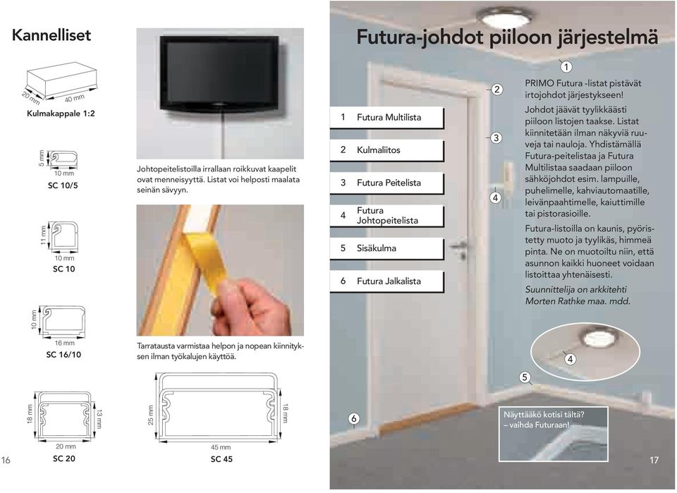 1 2 3 4 5 6 Futura Multilista Kulmaliitos Futura Peitelista Futura Johtopeitelista Sisäkulma Futura Jalkalista 2 3 4 PRIMO Futura -listat pistävät irtojohdot järjestykseen!