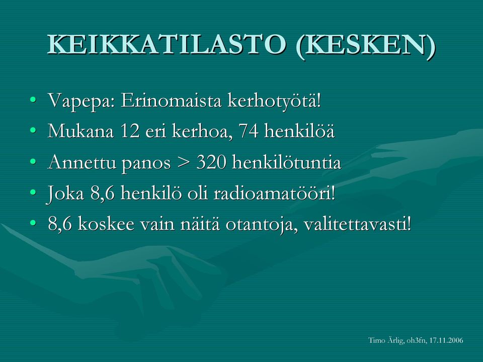 henkilötuntia Joka 8,6 henkilö oli radioamatöö ööri!
