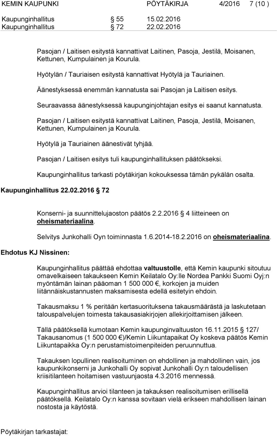 Seuraavassa äänestyksessä kaupunginjohtajan esitys ei saanut kannatusta. Pasojan / Laitisen esitystä kannattivat Laitinen, Pasoja, Jestilä, Moisanen, Kettunen, Kumpulainen ja Kourula.