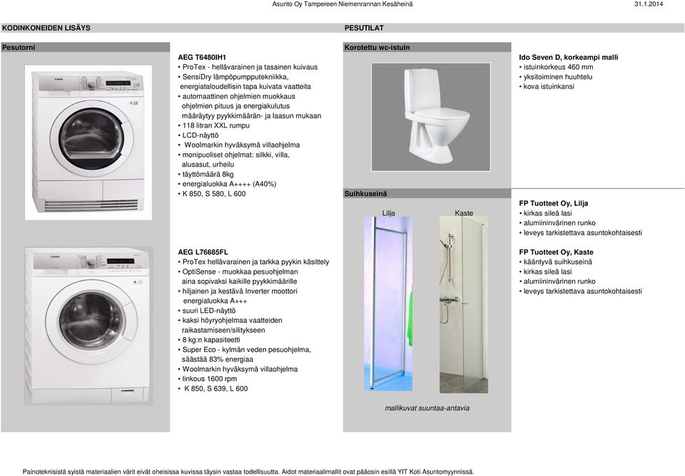 urheilu täyttömäärä 8kg energialuokka A++++ (A40%) K 850, S 580, L 600 Korotettu wc-istuin Suihkuseinä Lilja Kaste Ido Seven D, korkeampi malli istuinkorkeus 460 mm yksitoiminen huuhtelu kova