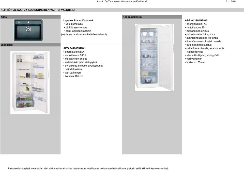 tuntia lämmönnousun ilmaisin valolla automaattinen sulatus AEG S44000KDW1 ovi aukeaa oikealle, avaussuunta energialuokka: A+ vaihdettavissa nettotilavuus 395 l