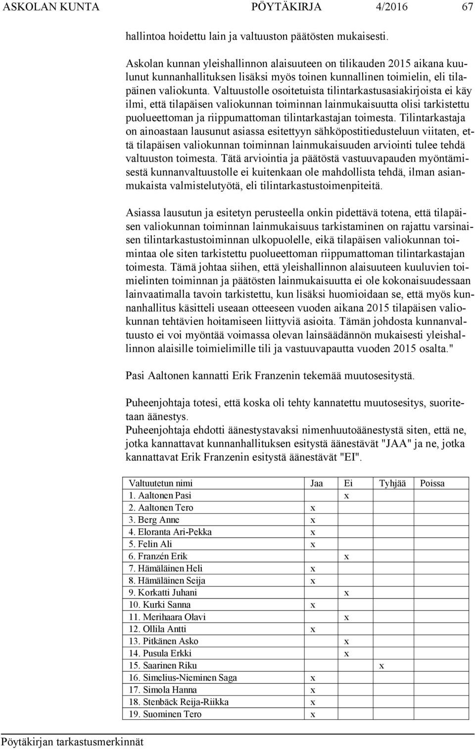 Valtuustolle osoitetuista tilintarkastusasiakirjoista ei käy il mi, että tilapäisen valiokunnan toiminnan lainmukaisuutta olisi tarkistettu puo lu eet to man ja riippumattoman tilintarkastajan