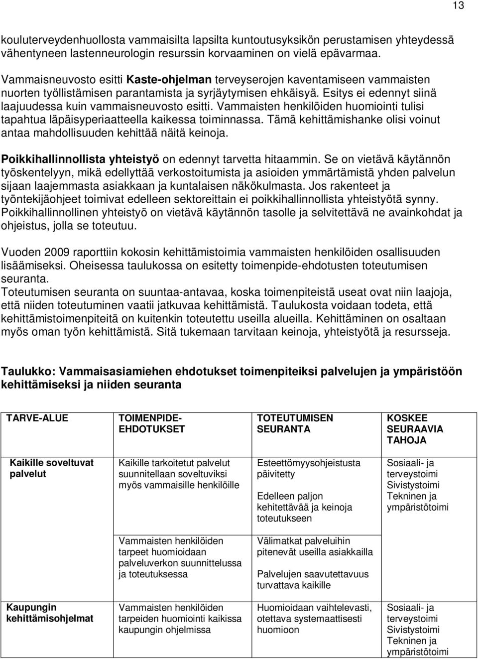 Esitys ei edennyt siinä laajuudessa kuin vammaisneuvosto esitti. Vammaisten henkilöiden huomiointi tulisi tapahtua läpäisyperiaatteella kaikessa toiminnassa.