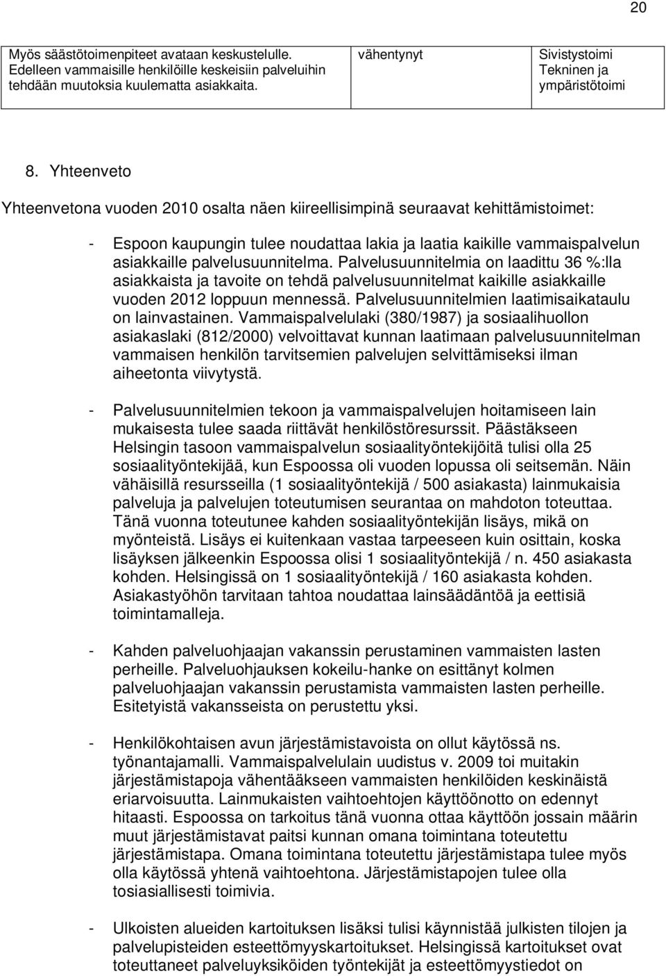 Yhteenveto Yhteenvetona vuoden 2010 osalta näen kiireellisimpinä seuraavat kehittämistoimet: - Espoon kaupungin tulee noudattaa lakia ja laatia kaikille vammaispalvelun asiakkaille palvelusuunnitelma.