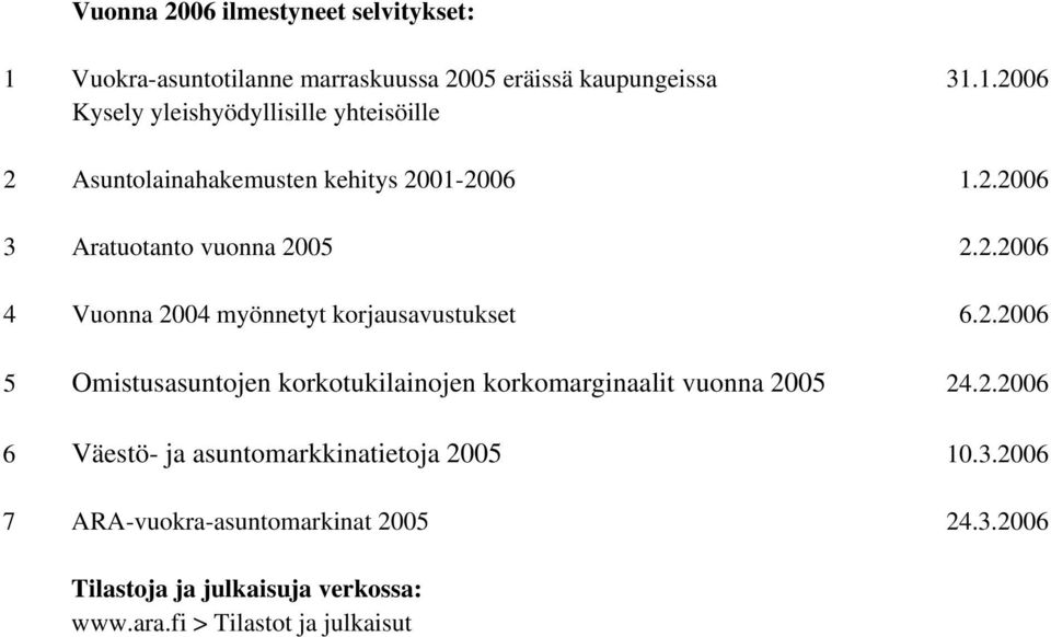 2.2006 6 Väestö- ja asuntomarkkinatietoja 2005 10.3.2006 7 ARA-vuokra-asuntomarkinat 2005 24.3.2006 Tilastoja ja julkaisuja verkossa: www.