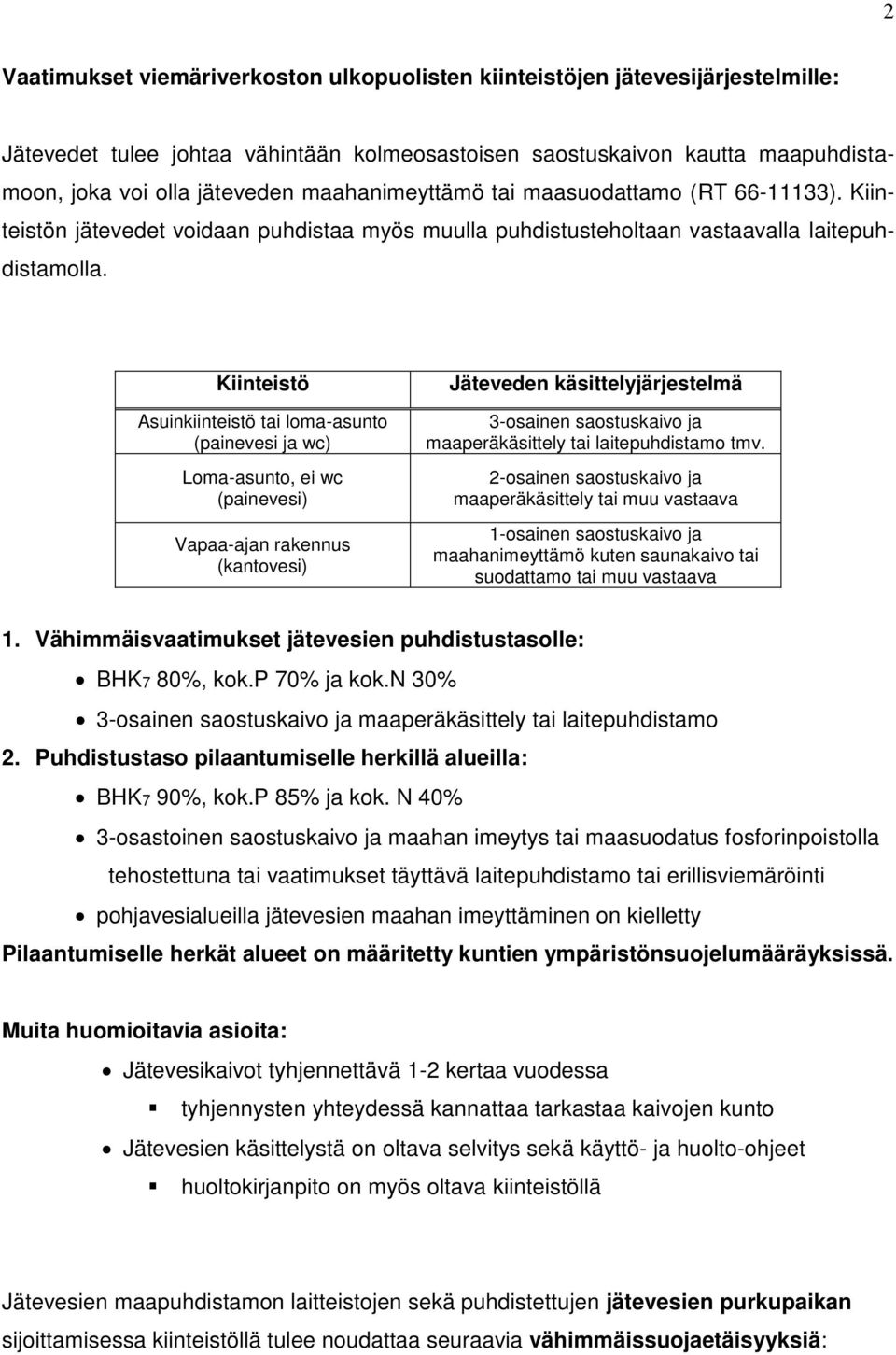 Kiinteistö Asuinkiinteistö tai loma-asunto (painevesi ja wc) Loma-asunto, ei wc (painevesi) Vapaa-ajan rakennus (kantovesi) Jäteveden käsittelyjärjestelmä 3-osainen saostuskaivo ja maaperäkäsittely