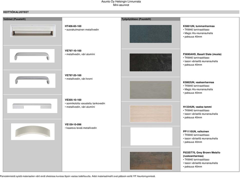 tankovedin metallivedin, väri alumiini VE159-10-096 kaareva leveä metallivedin K5862UN, vaaleanharmaa TKM40 laminaattitaso Magic Alu-reunanauhalla paksuus 40mm H1334UN, vaalea tammi TKM40
