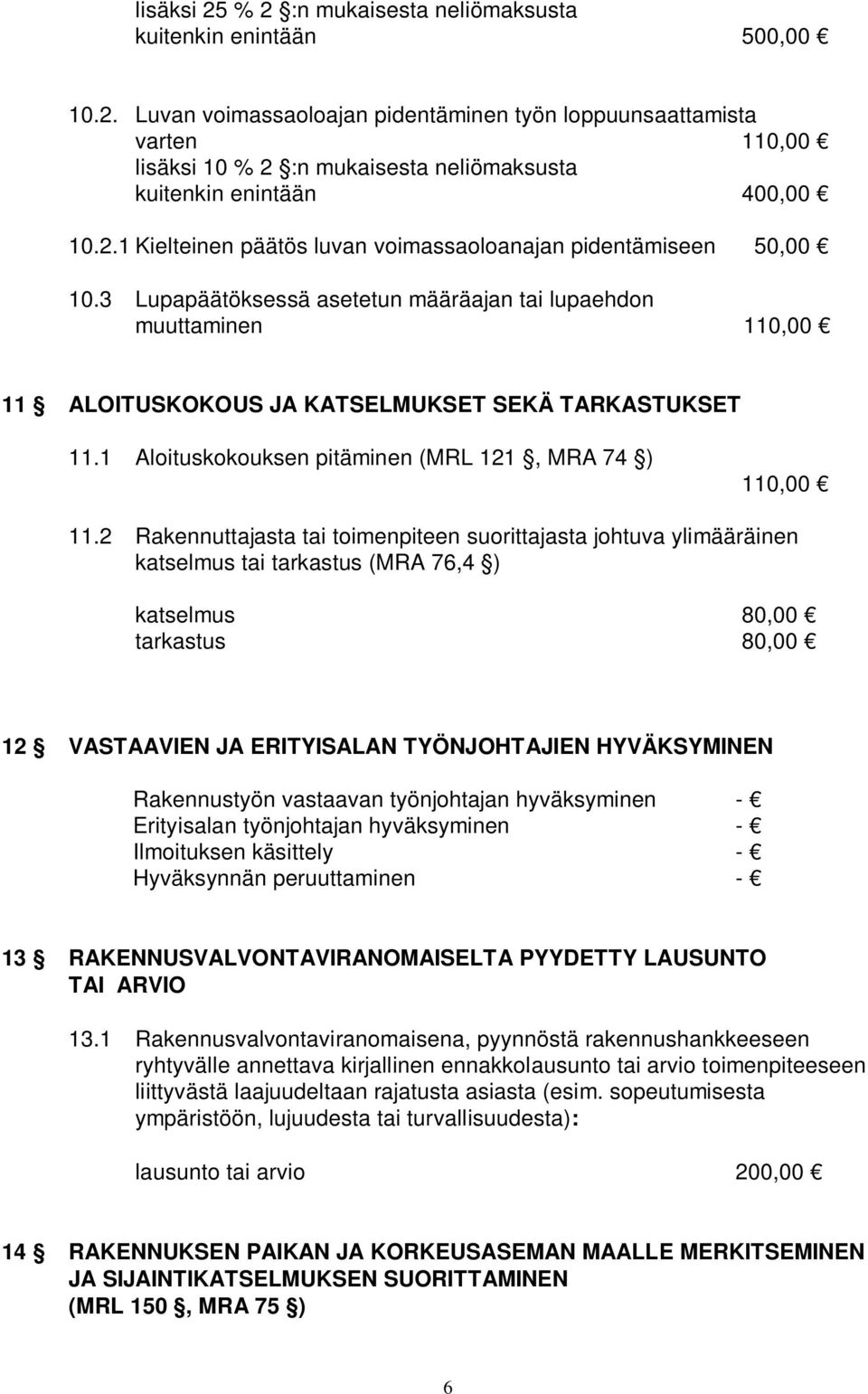 1 Aloituskokouksen pitäminen (MRL 121, MRA 74 ) 110,00 11.