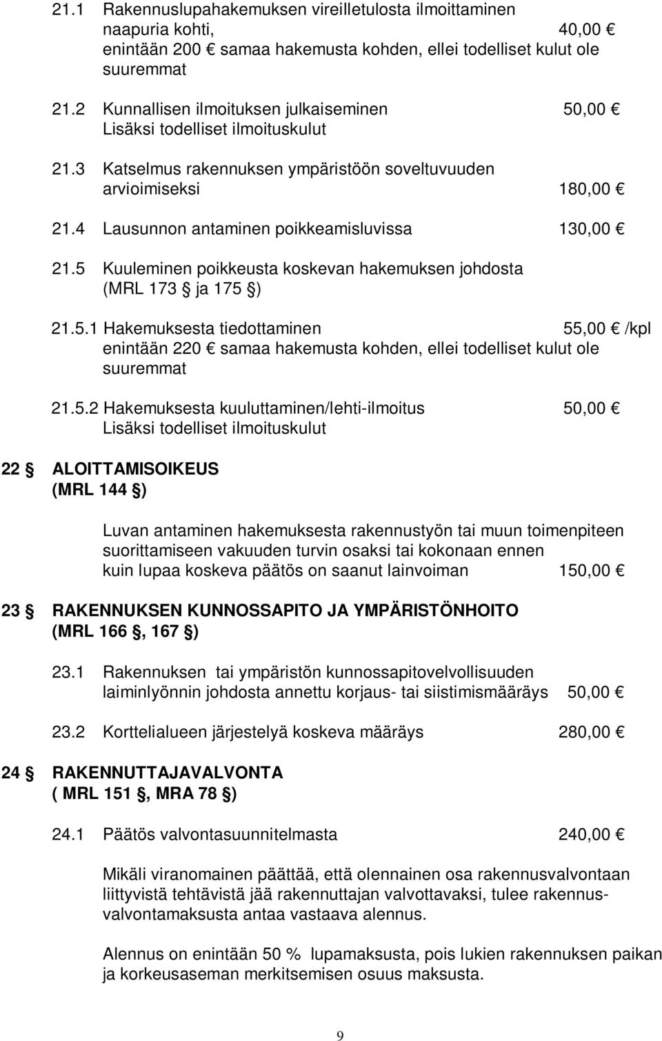 4 Lausunnon antaminen poikkeamisluvissa 130,00 21.5 Kuuleminen poikkeusta koskevan hakemuksen johdosta (MRL 173 ja 175 ) 21.5.1 Hakemuksesta tiedottaminen 55,00 /kpl enintään 220 samaa hakemusta kohden, ellei todelliset kulut ole suuremmat 21.