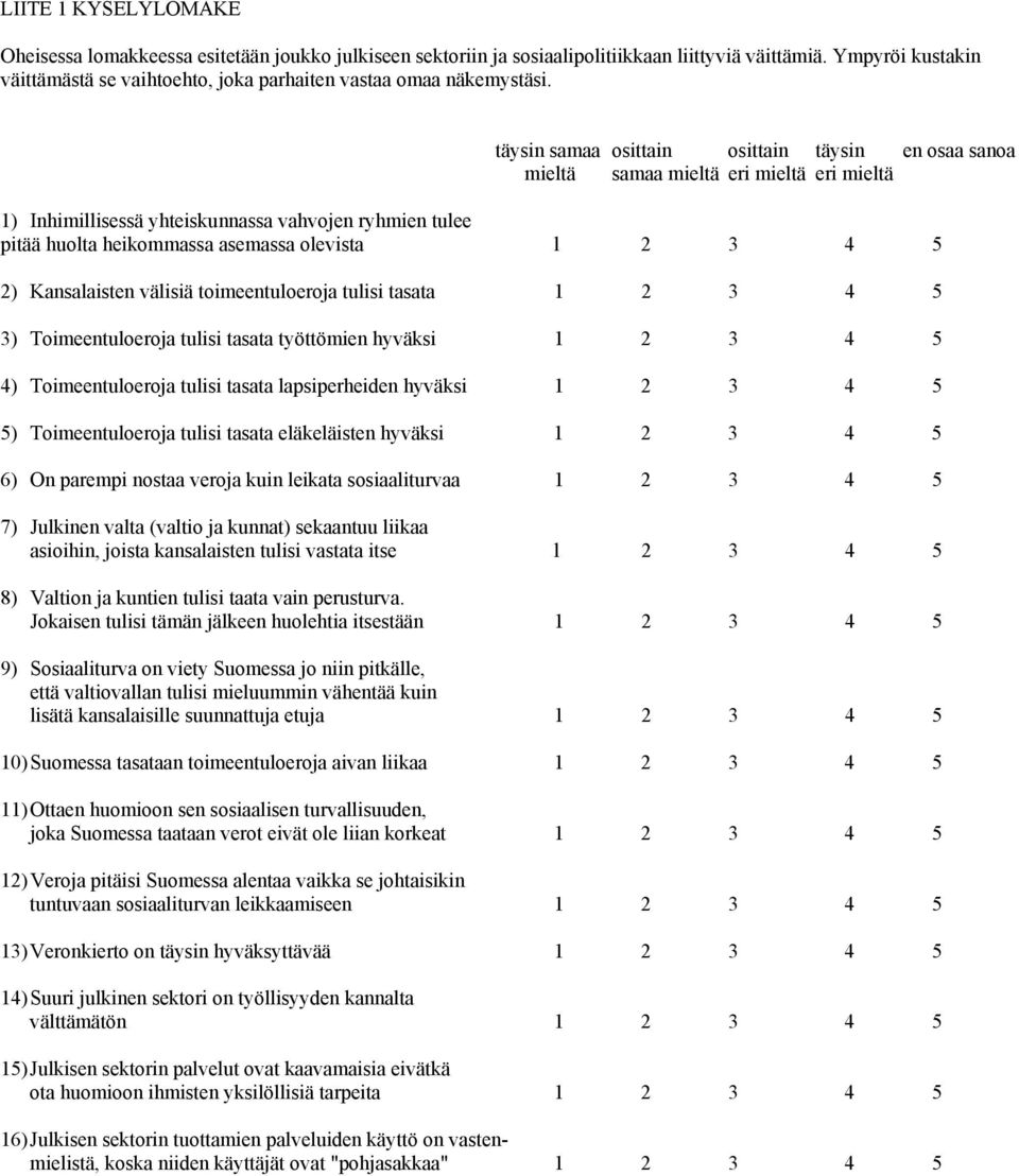 täysin samaa osittain osittain täysin en osaa sanoa mieltä samaa mieltä eri mieltä eri mieltä 1) Inhimillisessä yhteiskunnassa vahvojen ryhmien tulee pitää huolta heikommassa asemassa olevista l 2 3