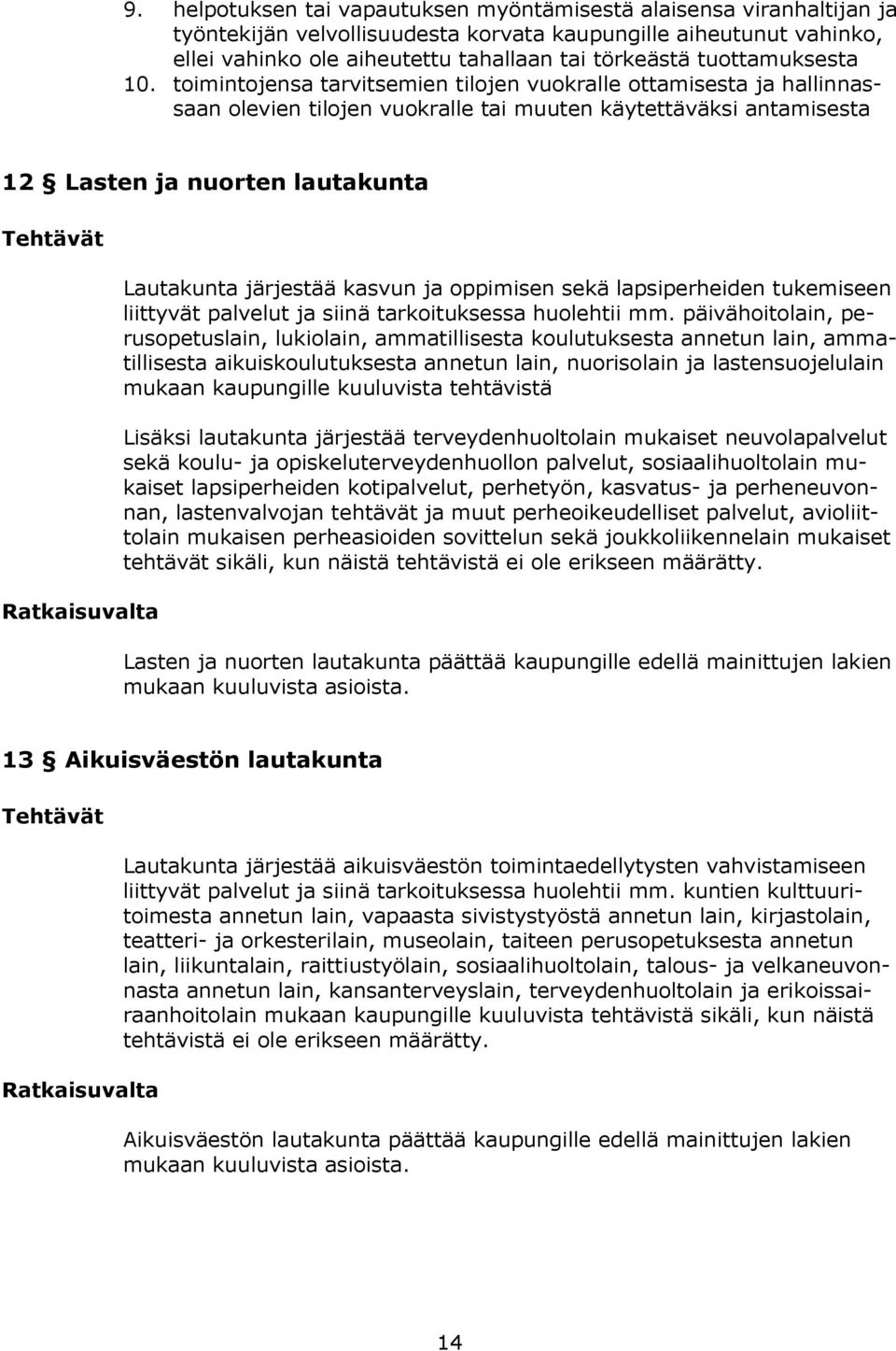 toimintojensa tarvitsemien tilojen vuokralle ottamisesta ja hallinnassaan olevien tilojen vuokralle tai muuten käytettäväksi antamisesta 12 Lasten ja nuorten lautakunta Tehtävät Ratkaisuvalta