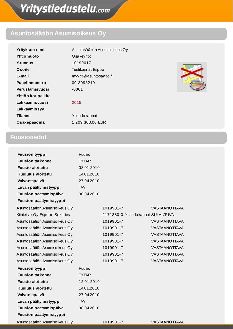 fi Puhelinnumero 09-8093210 Perustamisvuosi -0001 Yhtiön kotipaikka Lakkaamisvuosi 2015 Lakkaamissyy Tilanne