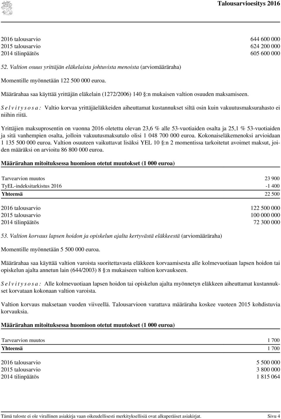 S e l v i t y s o s a : Valtio korvaa yrittäjäeläkkeiden aiheuttamat kustannukset siltä osin kuin vakuutusmaksurahasto ei niihin riitä.