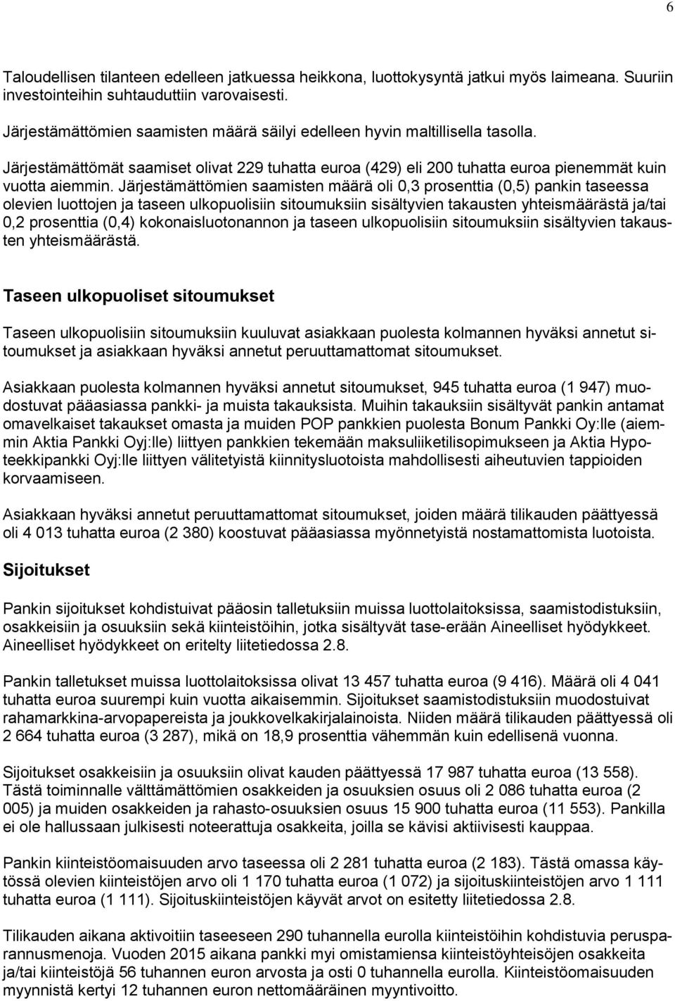 Järjestämättömien saamisten määrä oli 0,3 prosenttia (0,5) pankin taseessa olevien luottojen ja taseen ulkopuolisiin sitoumuksiin sisältyvien takausten yhteismäärästä ja/tai 0,2 prosenttia (0,4)