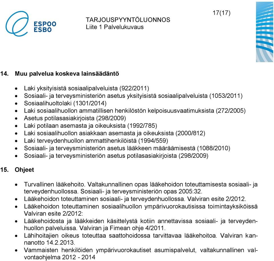 Laki sosiaalihuollon ammatillisen henkilöstön kelpoisuusvaatimuksista (272/2005) Asetus potilasasiakirjoista (298/2009) Laki potilaan asemasta ja oikeuksista (1992/785) Laki sosiaalihuollon asiakkaan