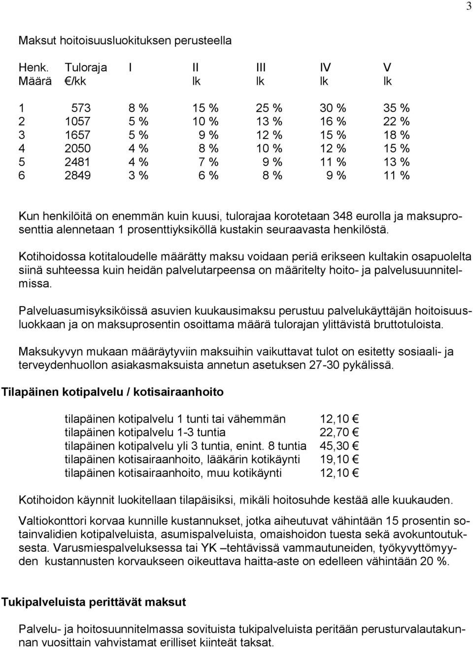 2849 3 % 6 % 8 % 9 % 11 % Kun henkilöitä on enemmän kuin kuusi, tulorajaa korotetaan 348 eurolla ja maksuprosenttia alennetaan 1 prosenttiyksiköllä kustakin seuraavasta henkilöstä.