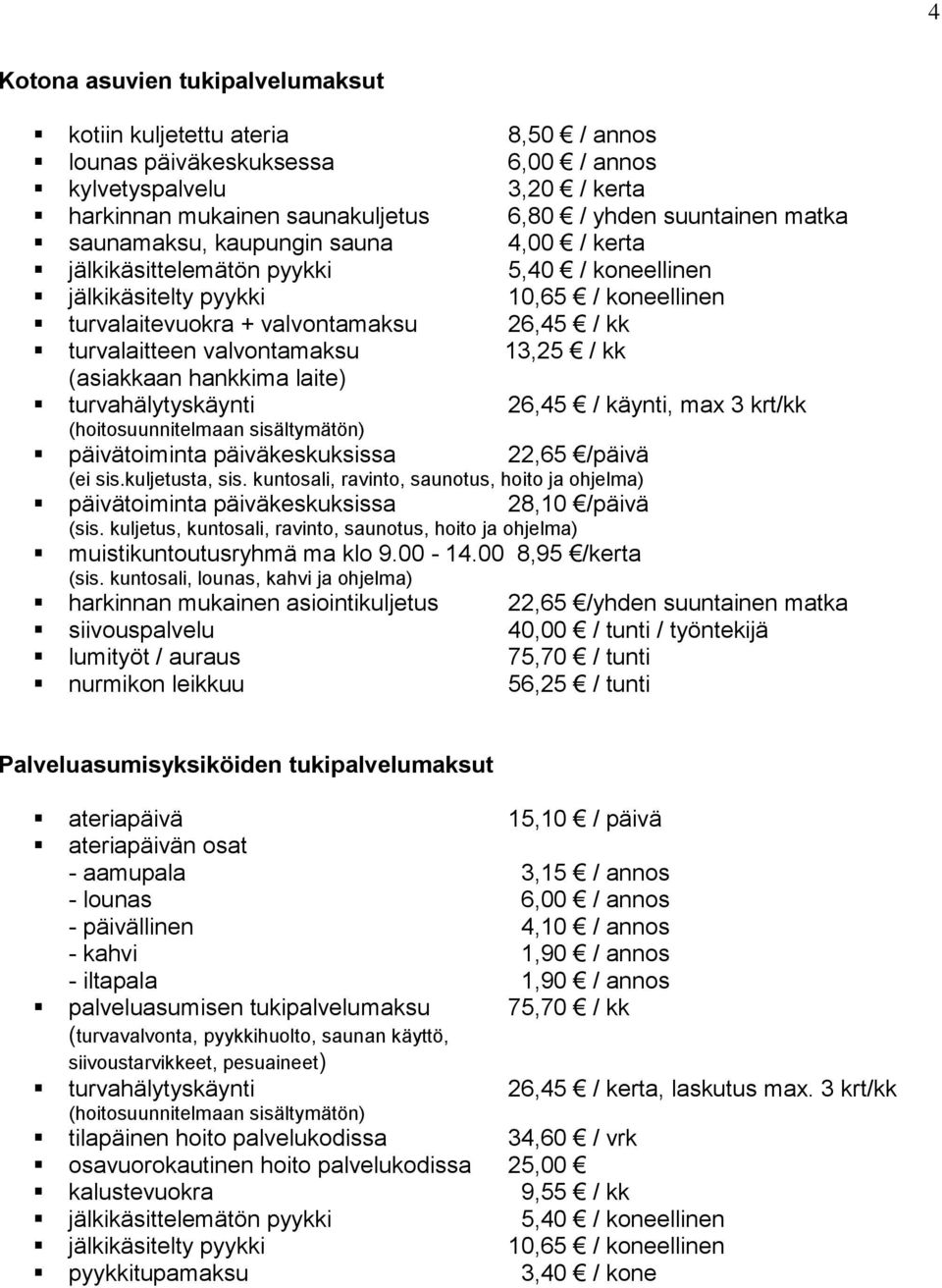 valvontamaksu 13,25 / kk (asiakkaan hankkima laite) turvahälytyskäynti 26,45 / käynti, max 3 krt/kk (hoitosuunnitelmaan sisältymätön) päivätoiminta päiväkeskuksissa 22,65 /päivä (ei sis.