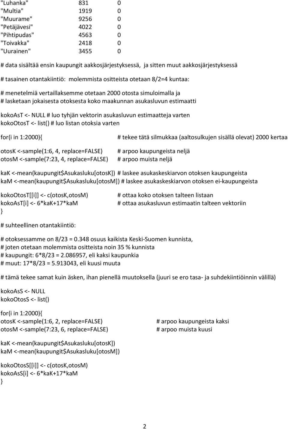 maakunnan asukasluvun estimaatti kokoast <- NULL # luo tyhjän vektorin asukasluvun estimaatteja varten kokootost <- list() # luo listan otoksia varten for(i in 1:2000){ otosk <-sample(1:6, 4,