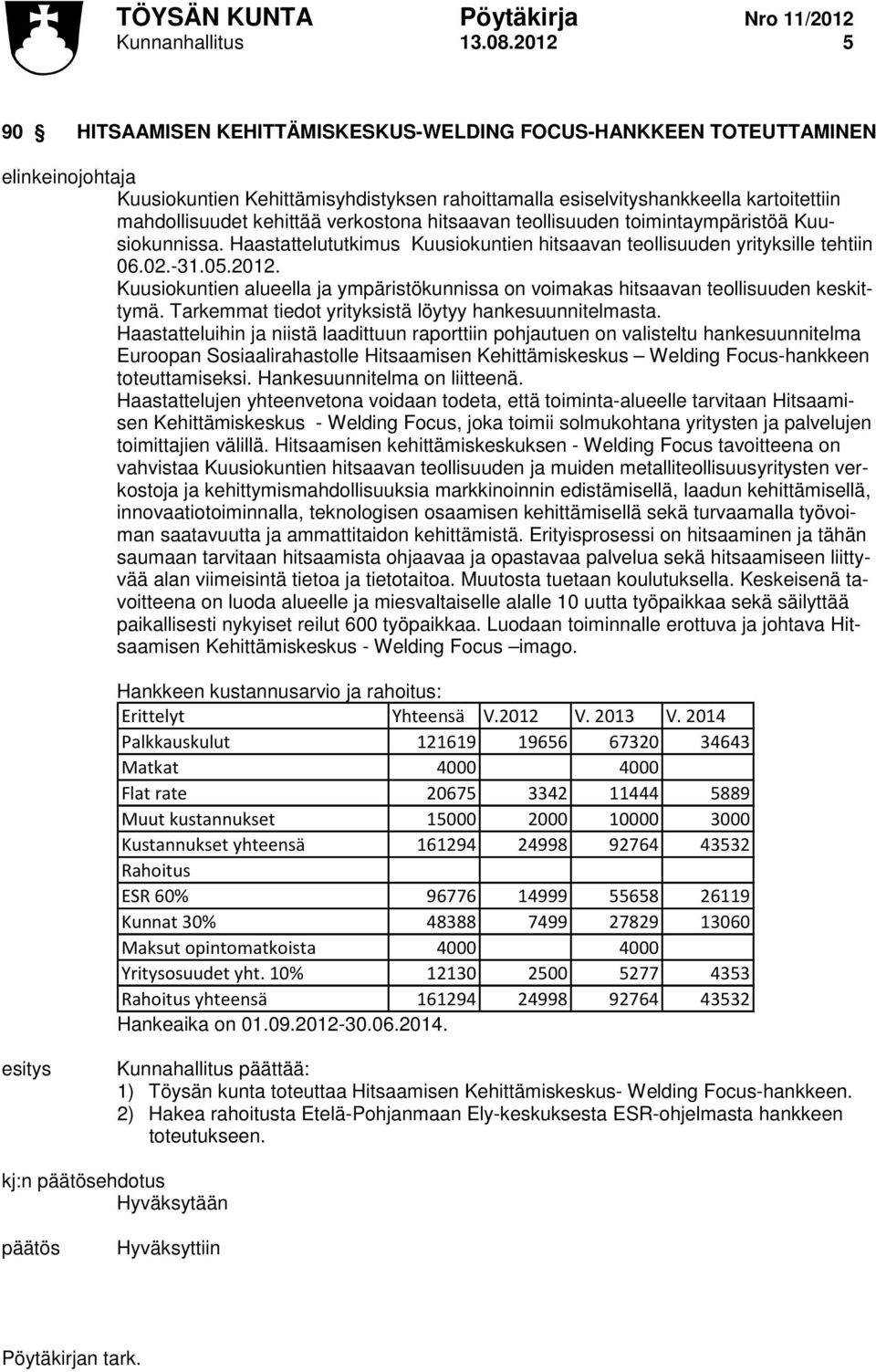 kehittää verkostona hitsaavan teollisuuden toimintaympäristöä Kuusiokunnissa. Haastattelututkimus Kuusiokuntien hitsaavan teollisuuden yrityksille tehtiin 06.02.-31.05.2012.