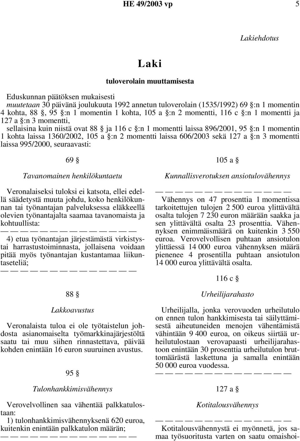 momentti laissa 606/2003 sekä 127 a :n 3 momentti laissa 995/2000, seuraavasti: 69 Tavanomainen henkilökuntaetu Veronalaiseksi tuloksi ei katsota, ellei edellä säädetystä muuta johdu, koko