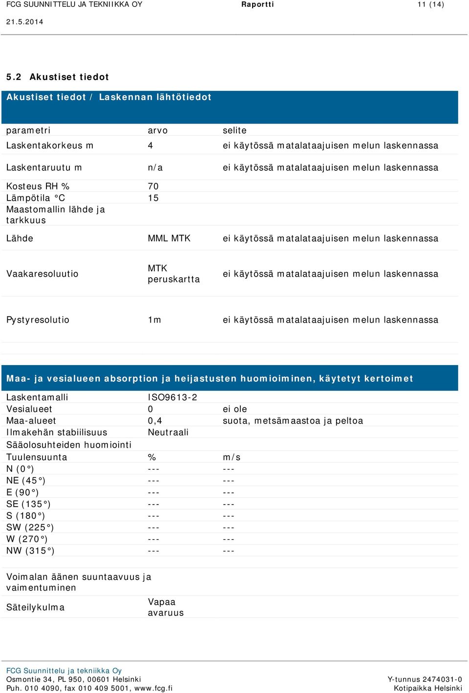 melun laskennassa Kosteus RH % Lämpötila C 15 Maastomallin lähde ja tarkkuus Lähde MML MTK ei käytössä matalataajuisen melun laskennassa Vaakaresoluutio MTK peruskartta ei käytössä matalataajuisen