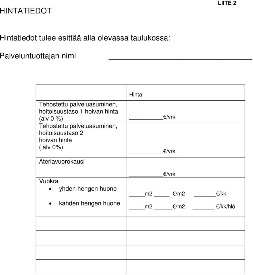 (alv 0 %) Tehostettu palveluasuminen, hoitoisuustaso 2 hoivan hinta ( alv 0%)