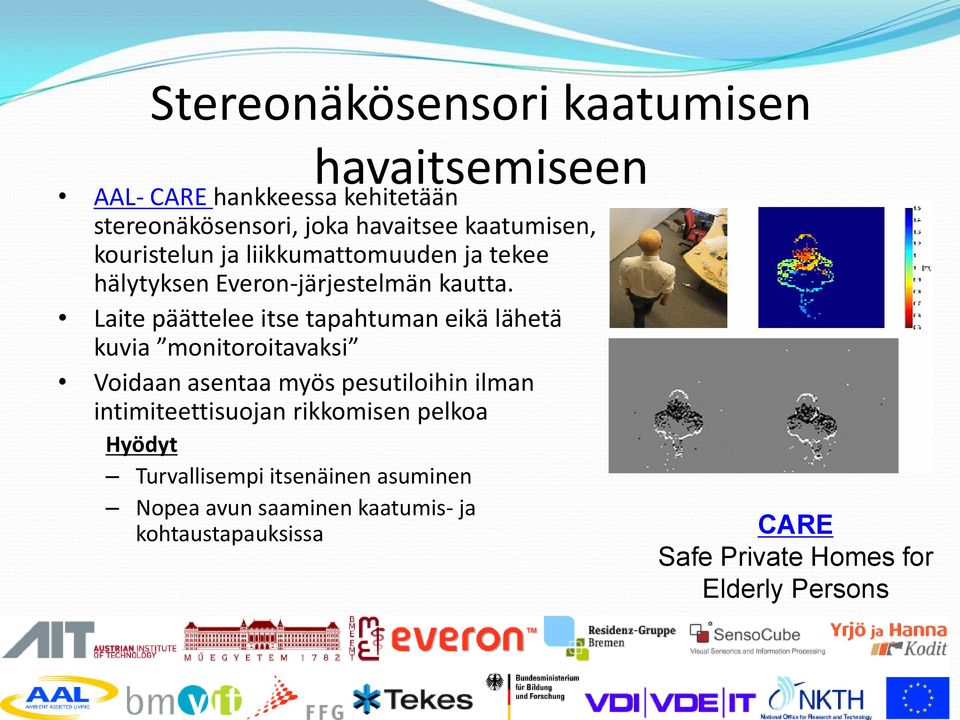 Laite päättelee itse tapahtuman eikä lähetä kuvia monitoroitavaksi Voidaan asentaa myös pesutiloihin ilman