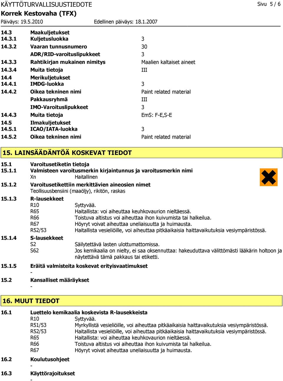 5 Ilmakuljetukset 14.5.1 ICAO/IATAluokka 3 14.5.2 Oikea tekninen nimi Paint related material III 15. LAINSÄÄDÄNTÖÄ KOSKEVAT TIEDOT 15.1 Varoitusetiketin tietoja 15.1.1 Valmisteen varoitusmerkin kirjaintunnus ja varoitusmerkin nimi Xn Haitallinen 15.