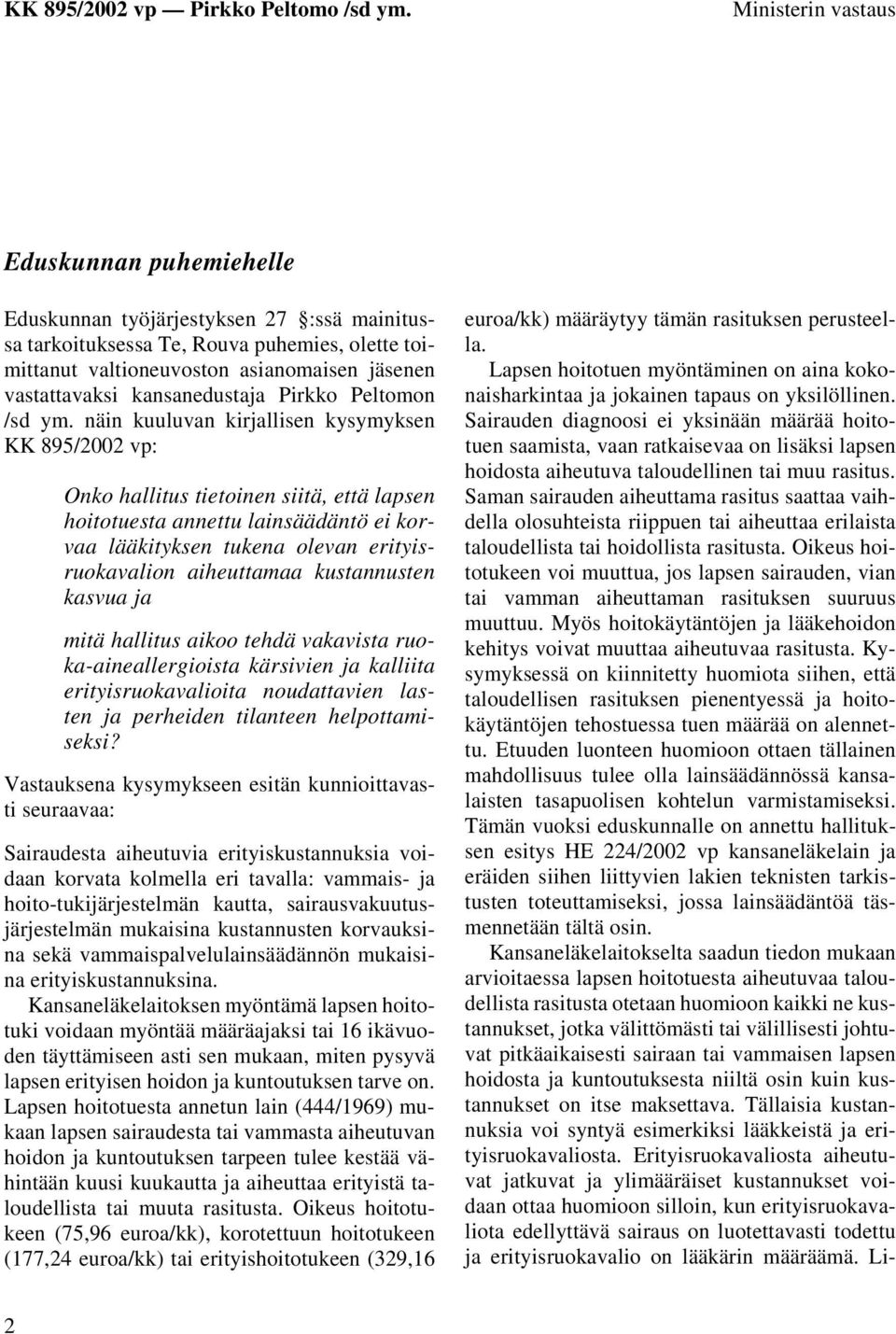 näin kuuluvan kirjallisen kysymyksen KK 895/2002 vp: Onko hallitus tietoinen siitä, että lapsen hoitotuesta annettu lainsäädäntö ei korvaa lääkityksen tukena olevan erityisruokavalion aiheuttamaa