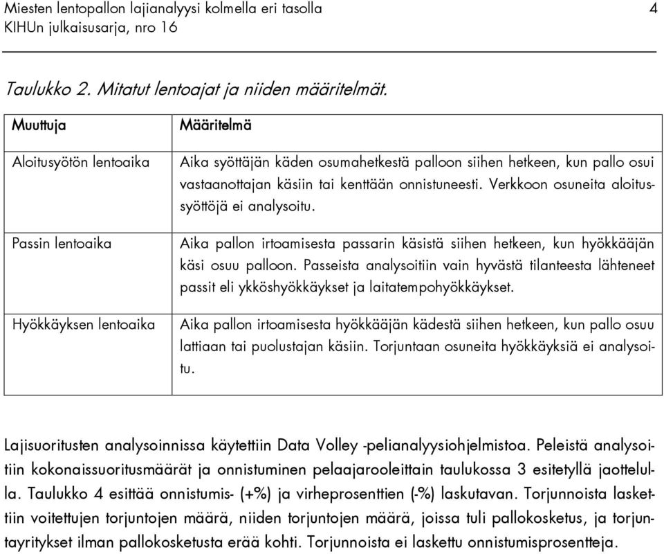 onnistuneesti. Verkkoon osuneita aloitussyöttöjä ei analysoitu. Aika pallon irtoamisesta passarin käsistä siihen hetkeen, kun hyökkääjän käsi osuu palloon.