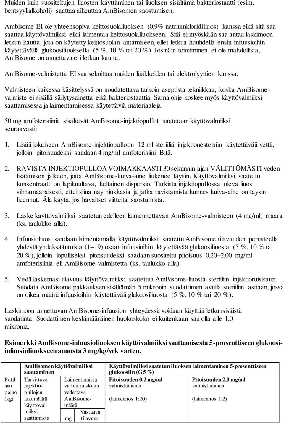 Sitä ei myöskään saa antaa laskimoon letkun kautta, jota on käytetty keittosuolan antamiseen, ellei letkua huuhdella ensin infuusioihin käytettävällä glukoosiliuoksella (5 %, 10 % tai 20 %).