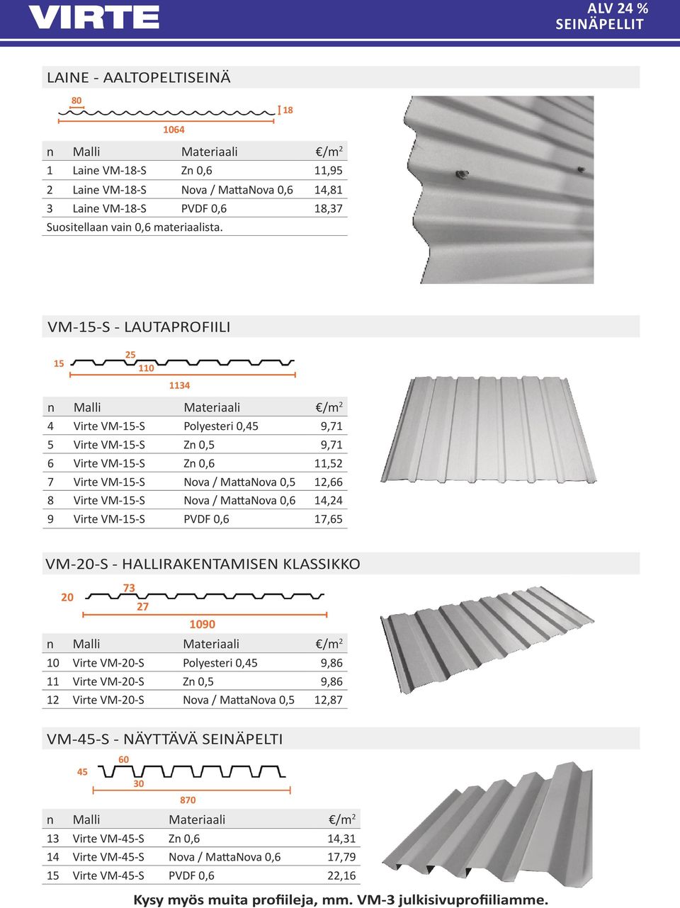0,6 14,24 9 Virte VM--S PVDF 0,6 17,65 VM-20-S - HALLIRAKENTAMISEN KLASSIKKO 20 73 27 1090 10 Virte VM-20-S Polyesteri 0,45 9,86 11 Virte VM-20-S Zn 0,5 9,86 12 Virte VM-20-S Nova / MattaNova 0,5