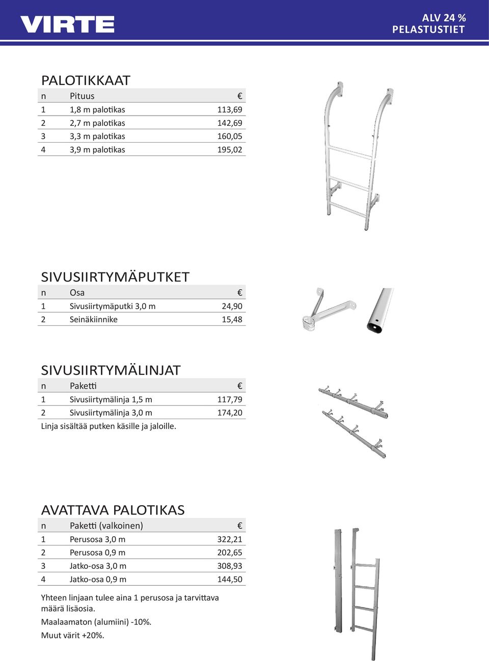 Sivusiirtymälinja 3,0 m 174,20 Linja sisältää putken käsille ja jaloille.