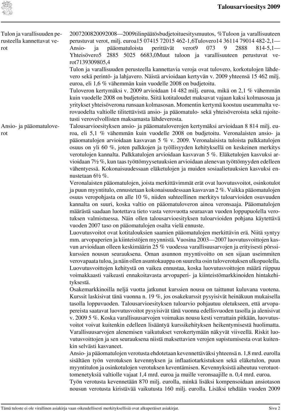 verot7139309805,4 Tulon ja varallisuuden perusteella kannettavia veroja ovat tulovero, korkotulojen lähdevero sekä perintö- ja lahjavero. Näistä arvioidaan kertyvän v. 2009 yhteensä 15 462 milj.