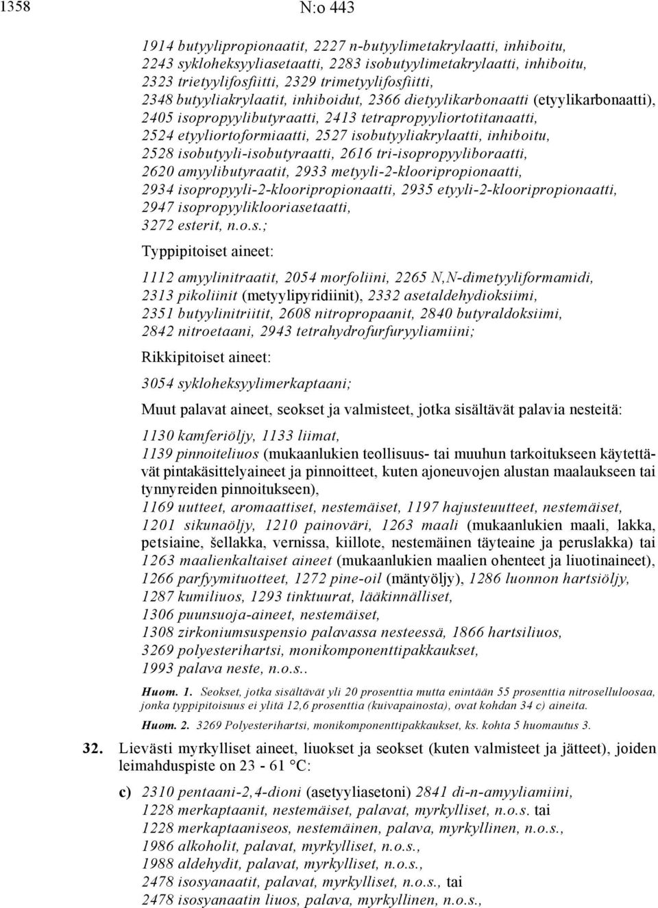 inhiboitu, 2528 isobutyyli-isobutyraatti, 2616 tri-isopropyyliboraatti, 2620 amyylibutyraatit, 2933 metyyli-2-klooripropionaatti, 2934 isopropyyli-2-klooripropionaatti, 2935