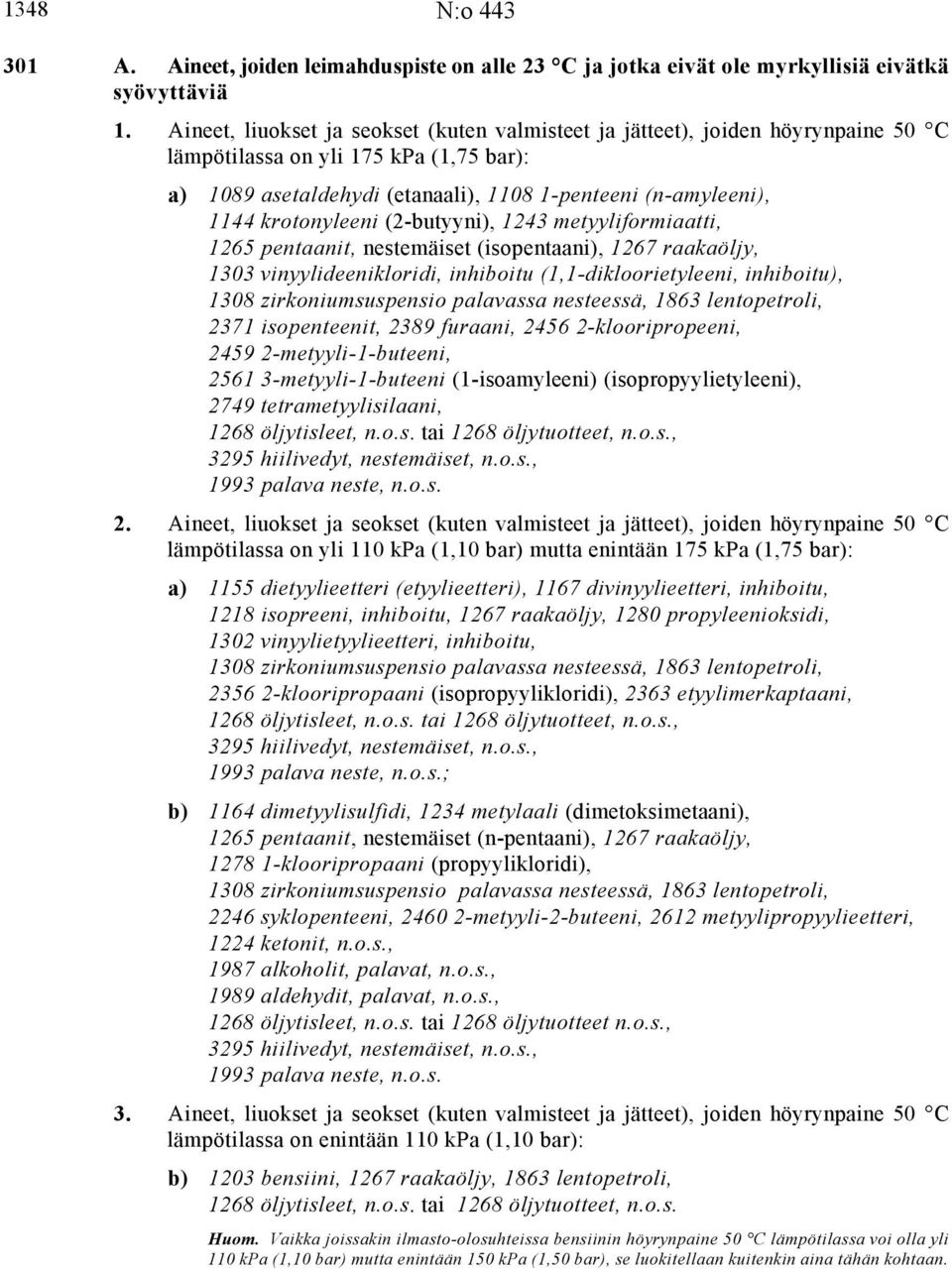 krotonyleeni (2-butyyni), 1243 metyyliformiaatti, 1265 pentaanit, nestemäiset (isopentaani), 1267 raakaöljy, 1303 vinyylideenikloridi, inhiboitu (1,1-dikloorietyleeni, inhiboitu), 1308