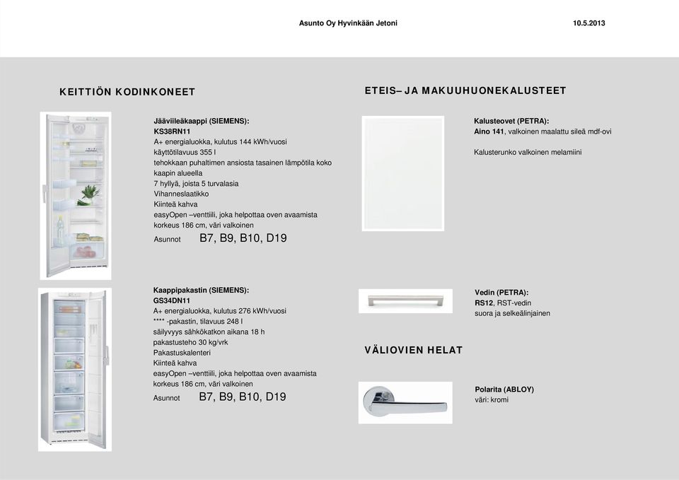 (PETRA): Aino 141, valkoinen maalattu sileä mdf-ovi Kalusterunko valkoinen melamiini Kaappipakastin (SIEMENS): GS34DN11 A+ energialuokka, kulutus 276 kwh/vuosi **** -pakastin, tilavuus 248 l