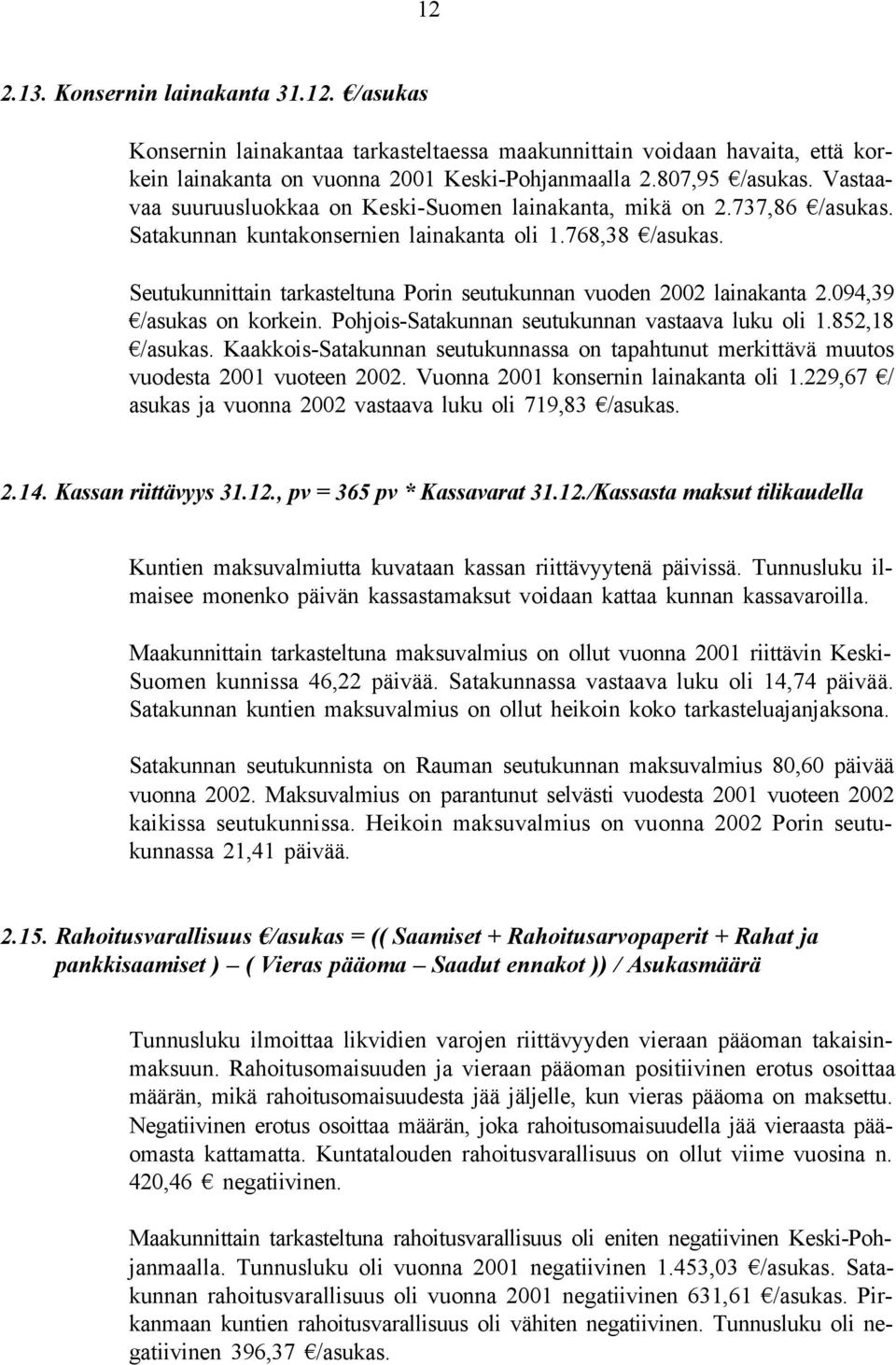 094,39 /asukas on korkein. Pohjois- seutukunnan vastaava luku oli 1.852,18 /asukas. Kaakkois- seutukunnassa on tapahtunut merkittävä muutos vuodesta vuoteen. Vuonna konsernin lainakanta oli 1.