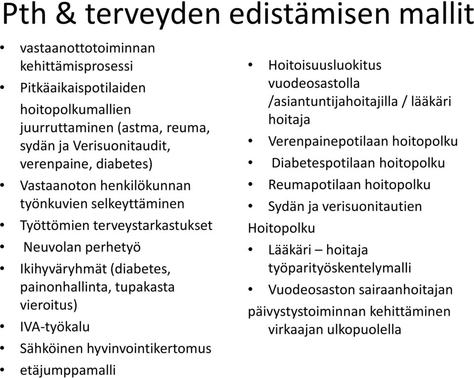 IVA-työkalu Sähköinen hyvinvointikertomus etäjumppamalli Hoitoisuusluokitus vuodeosastolla /asiantuntijahoitajilla / lääkäri hoitaja Verenpainepotilaan hoitopolku Diabetespotilaan