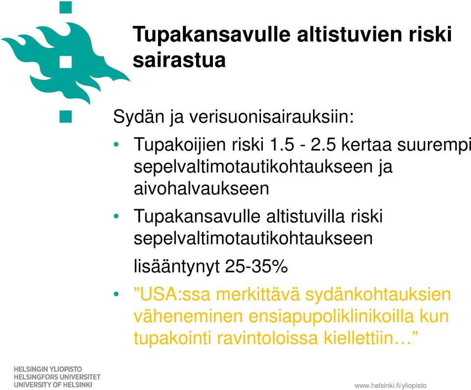 5 kertaa suurempi sepelvaltimotautikohtaukseen ja aivohalvaukseen Tupakansavulle