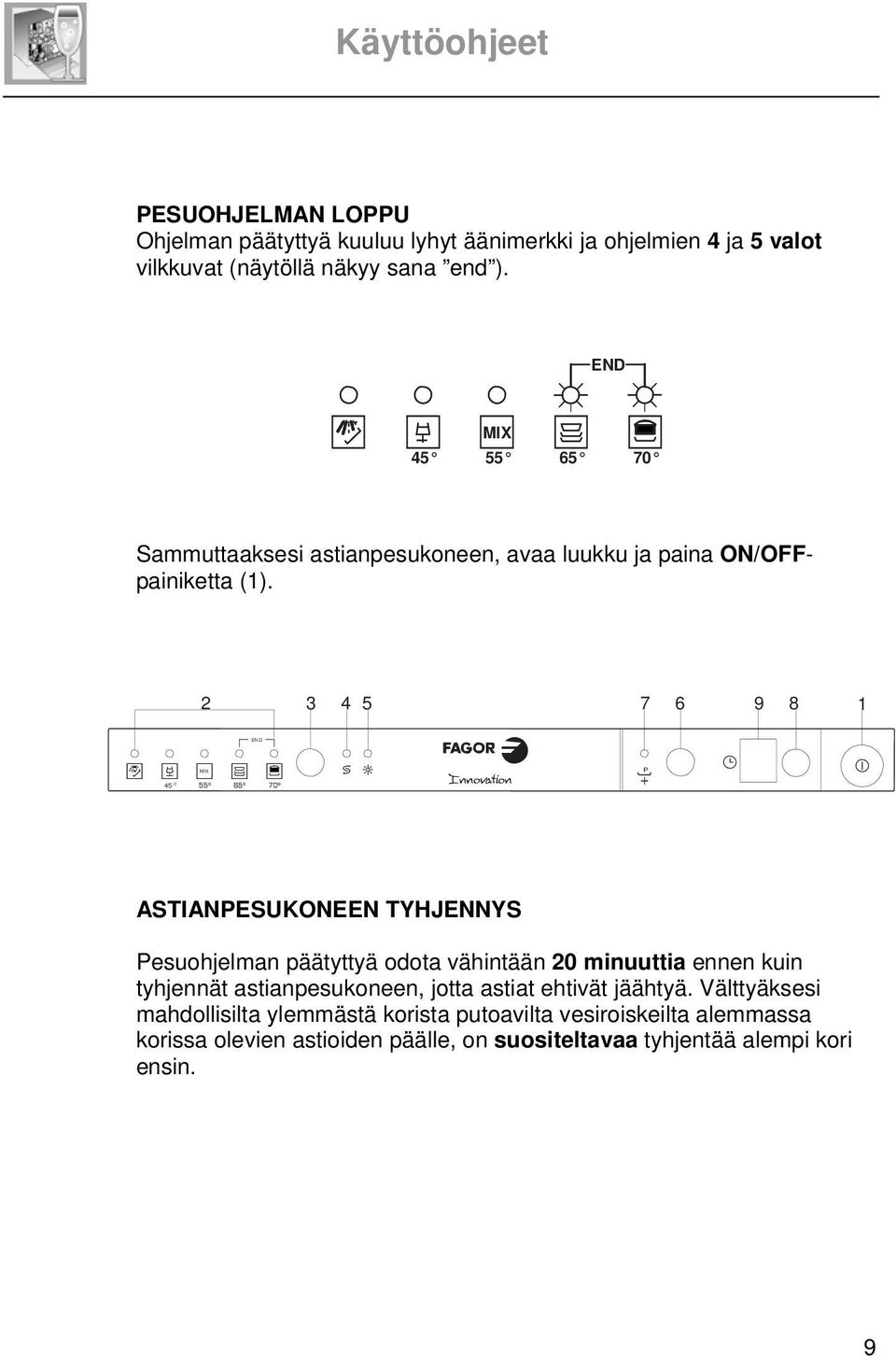 2 3 4 5 7 6 9 8 1 45 ASTIANESUKONEEN TYHJENNYS esuohjelman päätyttyä odota vähintään 20 minuuttia ennen kuin tyhjennät