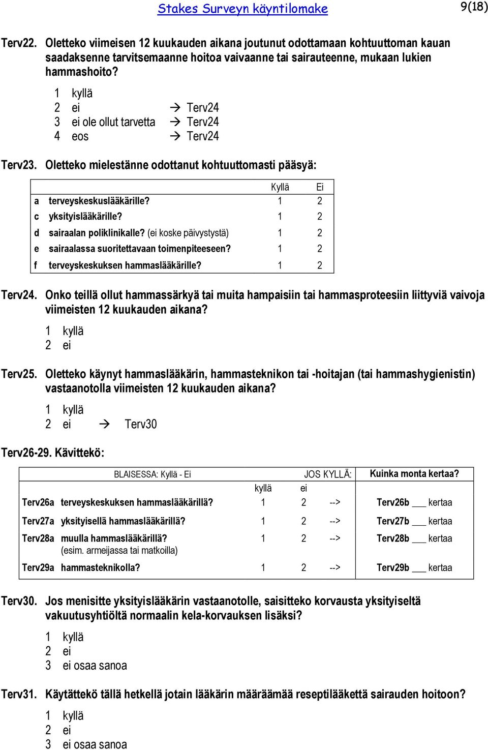 Terv24 3 ei ole ollut tarvetta Terv24 4 eos Terv24 Terv23. Oletteko mielestänne odottanut kohtuuttomasti pääsyä: Kyllä Ei a terveyskeskuslääkärille? 1 2 c yksityislääkärille?