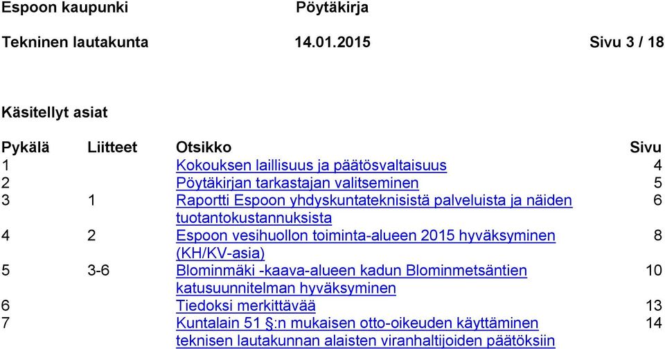 5 3 1 Raportti Espoon yhdyskuntateknisistä palveluista ja näiden 6 tuotantokustannuksista 4 2 Espoon vesihuollon toiminta-alueen 2015 hyväksyminen