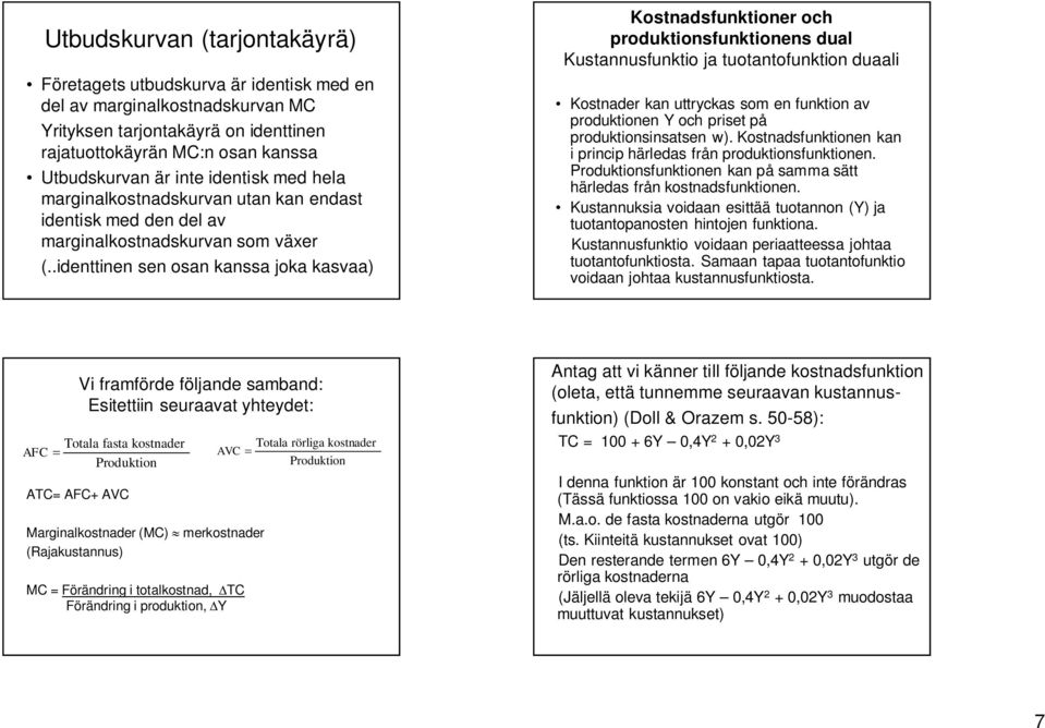 .identtinen sen osan kanssa joka kasvaa) Kostnadsfunktioner och produktionsfunktionens dual Kustannusfunktio ja tuotantofunktion duaali Kostnader kan uttryckas som en funktion av produktionen och