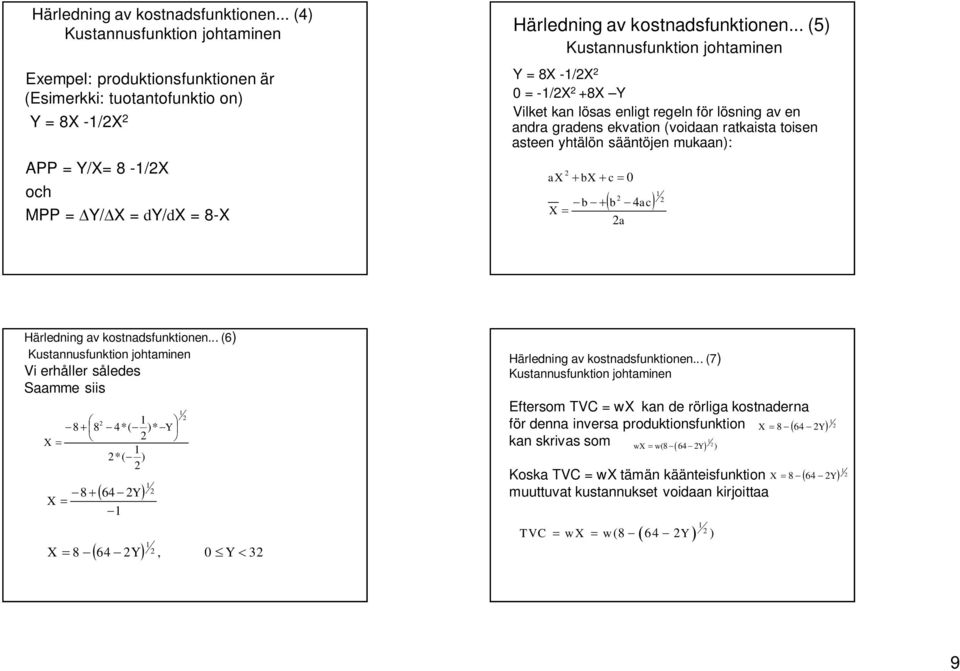 . (5) Kustannusfunktion johtaminen = 8X -/X = -/X +8X Vilket kan lösas enligt regeln för lösning av en andra gradens ekvation (voidaan ratkaista toisen asteen yhtälön sääntöjen mukaan): ax + bx + c =